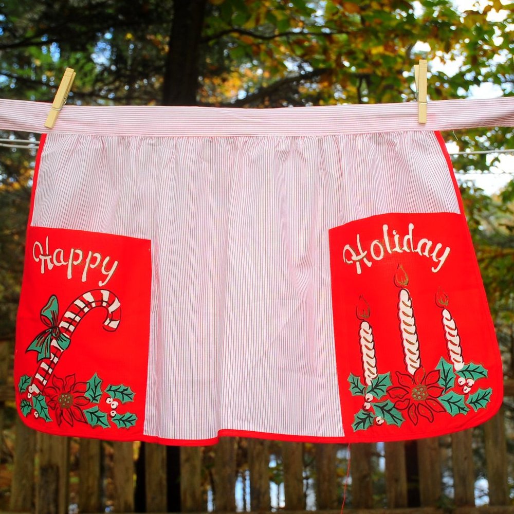 Vtg Christmas Hostess Apron Painted Happy Holidays Candles & Candy Cane Design
